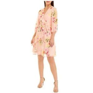Julian Taylor Dress 10 Flowy Pink Floral 3/4 Sleeve Ruffle Washable NEW